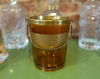 Depression Glass Amber and 22 Karat Gold Ice Bucket - Gold Grape and Leaf Pattern - Vintage Barware