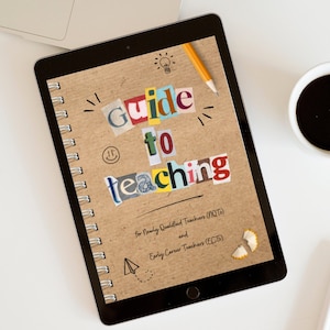 May include: A brown notebook with a spiral binding and a black cover. The notebook has a title page that says "Guide to Teaching" in colorful cut-out letters. The title page also includes a lightbulb icon, a smiley face, and a paper airplane. The text below the title says "for Newly Qualified Teachers (NQTs) and Early Career Teachers (ECTs)".