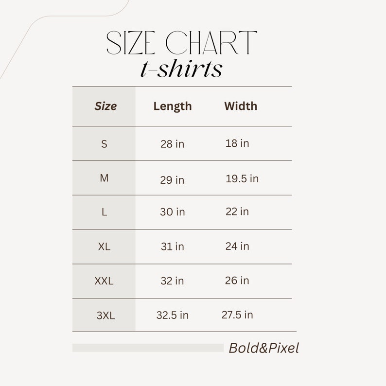 K&ouml;nnte beinhalten: Gr&ouml;&szlig;entabelle f&uuml;r T-Shirts mit Ma&szlig;en in Zoll. Die Tabelle zeigt die Gr&ouml;&szlig;e, L&auml;nge und Breite von T-Shirts in den Gr&ouml;&szlig;en S, M, L, XL, XXL und 3XL.