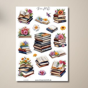 Hoja de pegatinas de libros y flores - hoja de pegatinas, colorido, acuarela, decoración, diario de balas planificador de álbumes de recortes diario de pegatinas - #2220