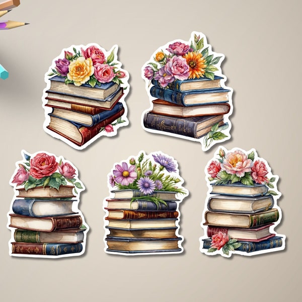 Büchern und Blumen Sticker Set - Aufkleber, Watercolor, Dekorativer Sticker, Bullet Journal Scrapbook Sticker, Planer, Laptop, Lesen - #2314