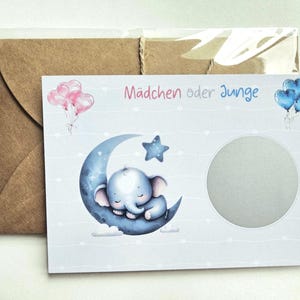 Carte à gratter pour révéler le sexe de l'enfant - Fille ou garçon - Format A6, 1 champ, Cartes à gratter pour révéler le sexe de l'enfant - Or, Argent, Enveloppe