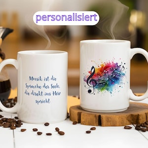 Mug musical personnalisé avec motif de note de musique colorée et citation + dessous de verre – cadeau pour les mélomanes | 2 tailles, mug en céramique