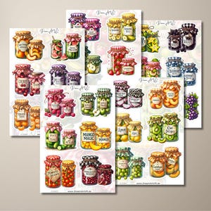 Set di fogli adesivi con motivi di marmellate e conserve - frutta e verdura, perfetti per decorare quaderni, diari, libri di ricette - #2086
