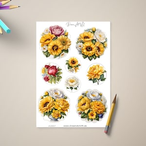 Feuille d’autocollants tournesol - autocollants, fleurs jaunes, pivoines, pensées, album, planificateur, ordinateur portable, téléphone portable, journaux - #2007