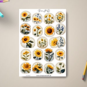 Feuille d'autocollants Tournesol - Autocollants, Jaune, choix idéal pour la décoration, les agendas, les cahiers, les objets, les ordinateurs portables et les téléphones portables - #2002