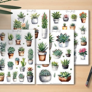 Lot de 4 feuilles d'autocollants pour plantes – Cactus succulents dans des pots de fleurs, vert, Nature Bullet Journal Scrapbook Planner, téléphone portable, ordinateur portable – #2211