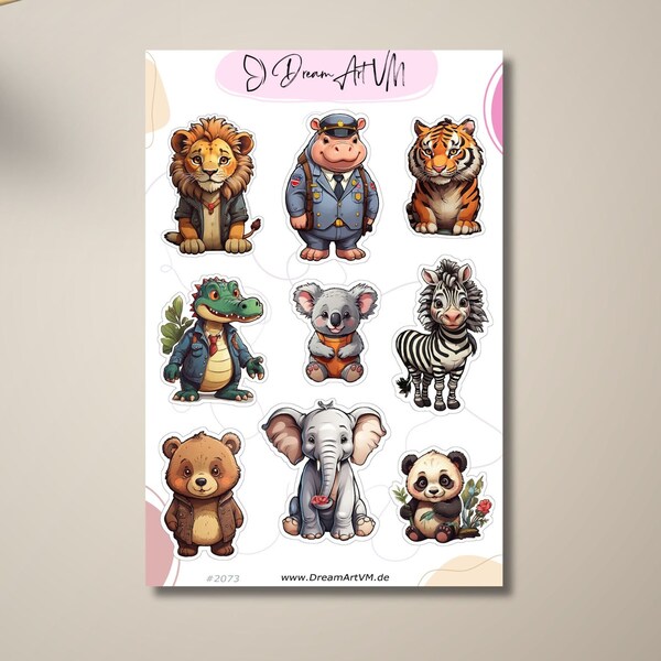 Komische Wildtiere Stickerbogen - Aufkleber Löwe Tiger Bär Elefant Nilpferd Krokodil Koala Panda, Notizbücher, Handy, Bücher, Laptop - #2073