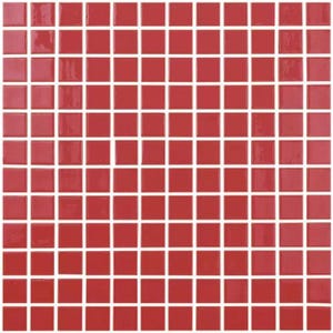 May include: A square tile mosaic featuring numerous small, glossy, red square tiles. The tiles are evenly spaced and separated by white grout lines, creating a grid pattern. The overall effect is a vibrant, uniform surface.
