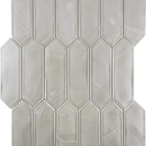 May include: White glass mosaic tiles in a staggered pattern. Each tile is a long, narrow hexagon with rounded edges.