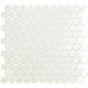 May include: White glossy penny round mosaic tile sheet. The tiles are arranged in a staggered pattern.