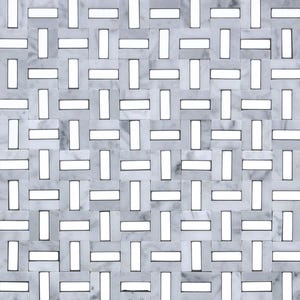 May include: White marble tile with a woven pattern. The tiles are arranged in a grid pattern, with each tile having a rectangular opening in the center.