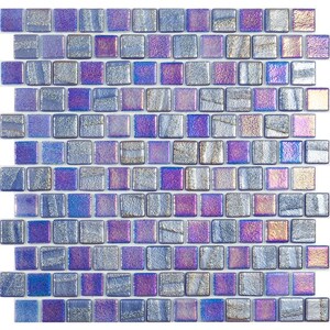 May include: A mosaic tile sheet composed of small, square tiles in shades of blue, purple, and silver. The tiles have a reflective, iridescent quality, creating a shimmering effect. The arrangement is uniform, suitable for various design applications.