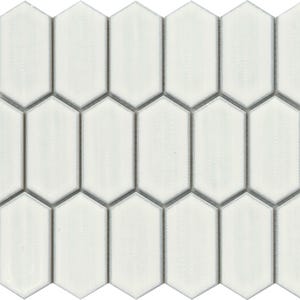 May include: White ceramic tile mosaic with a hexagonal shape and a slightly elongated, rectangular design. The tiles have a subtle, textured surface.