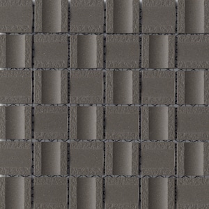 May include: A sheet of dark gray ceramic mosaic tiles with a textured surface and a subtle raised design. Each tile is square shaped and has a slightly rounded edge.