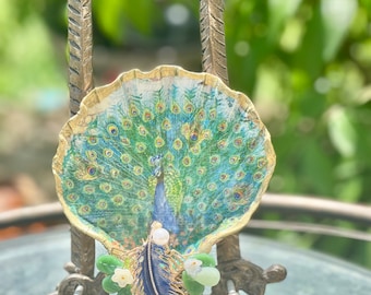 Schmuckschale aus Decoupage Schmuck, Pfau Design, Ringschale, Handarbeit, Seltenes Küstendesign, Sea Shell Art peacock art