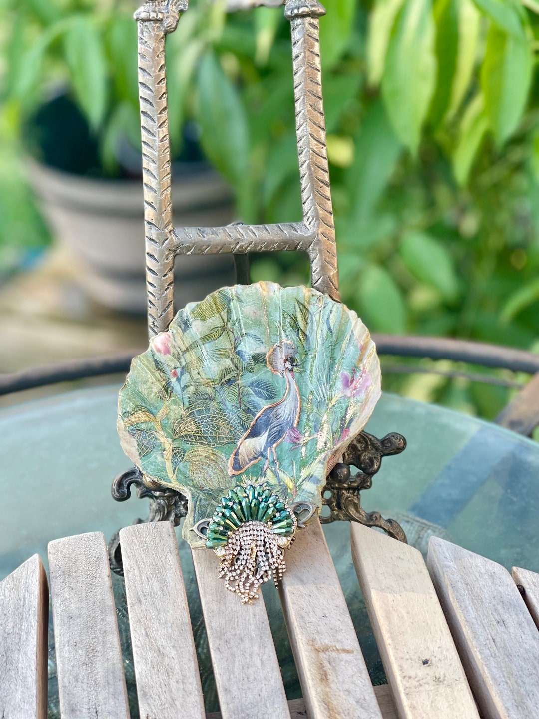 Decoupage Shell Jewelry Dish Chinese Garden and Birds Jewelry Dish