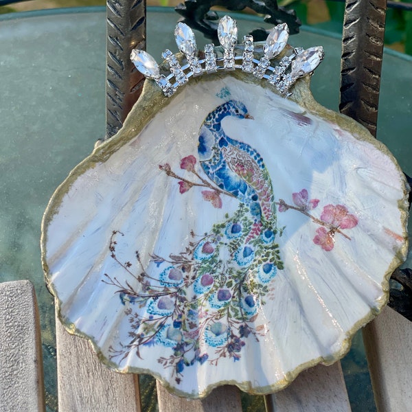 Decoupaged Jewelry Dish, Peacock Design, Ring Dish, Handmade, Rare Coastal Design, Sea Shell Art peacock art