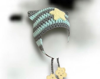 Striped Star Crochet Cat Ear Beanie Hat with Ear Flaps and Flower Star Strings (Beabadoobee Inspired Style) Kawaii Cute Handmade Accessory