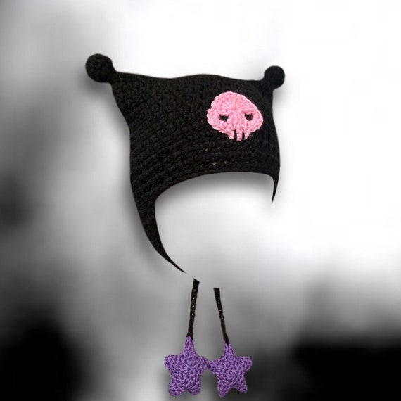 Kuromi Skull Crochet Cat Ear Beanie Hat With Ear Flaps and Puffy