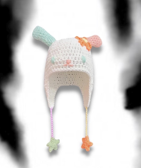Usahana Flower Crochet Bunny Ear Beanie Hat With Ear Flaps