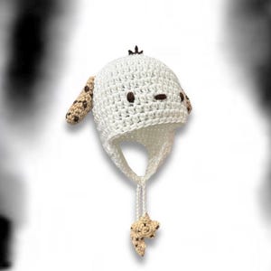 Gorro de crochê feito à mão com orelhas de cachorro e cordões de estrelas, acessório kawaii. chocolate chip