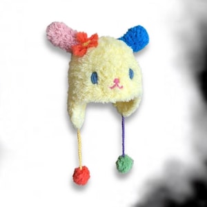 Gorro de crochê Usahana com orelhas de coelho felpudas e pompons - Acessório kawaii feito à mão