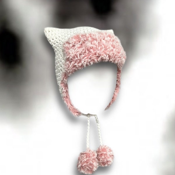 Faux Fur Crochet Cat Ear Trapper Hat Ushanka Beanie with Ear Flaps and Pom Pom Strings Kawaii Cute Handmade Accessory