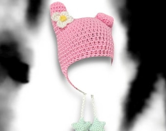 My Melody Flower Crochet Bunny Rabbit Ear Beanie Hat with Ear Flaps and Puffy Star Strings Kawaii Cute Handmade Accessory