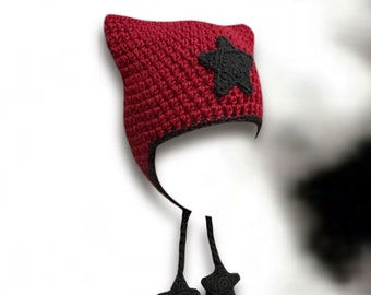 Bonnet en forme d'étoile au crochet avec oreilles de chat avec cache-oreilles et ficelles en étoiles gonflées, accessoire fait main mignon kawaii