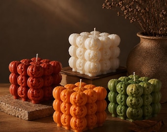 3x3 Pumpkin Cube Candle | Trendy Halloween Bubble Decor | Modern Fall Tabletop Accent | Aesthetic Spooky Room Decor, Cute Jack O Lantern Wax