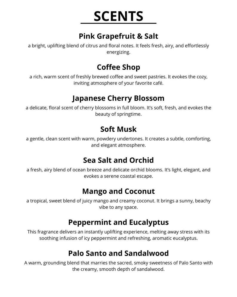 The image is a collection of scents, each with its own unique aroma and description. The scents include Pink Grapefruit & Salt, Coffee Shop, Japanese Cherry Blossom, Soft Musk, Sea Salt and Orchid, Mango and Coconut, Peppermint and Eucalyptus, and Palo Santo and Sandalwood. Each scent is a distinct blend of citrus, floral notes, and other aromatic ingredients that evoke a sense of freshness, comfort, and relaxation.