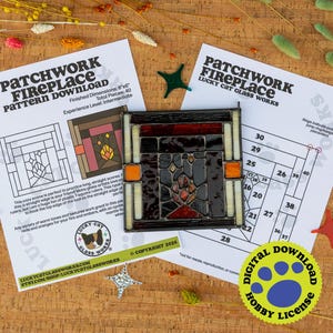 May include: A stained glass fireplace pattern download with a finished size of 6x6 inches. The image shows a completed stained glass fireplace, pattern instructions, and a digital download license. The design features warm tones.