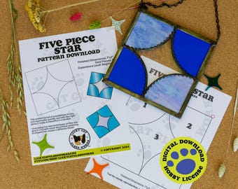 May include: A stained glass star with blue and white panels, displayed with pattern downloads and a digital hobby license sticker. The pattern is for a five-piece star with finished dimensions of 7x7 inches.