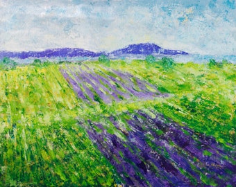 Campos de lavanda - Pintura acrílica original sin estirar - paisaje contemporáneo, arte impresionista