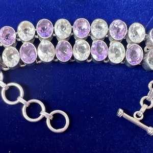 Vintage Sterling Silver, Dyed purple Quartz  Rock crystals stone  panel Bracelet marked 925 Silver link Bangle toggle clasp adjustable 43 g