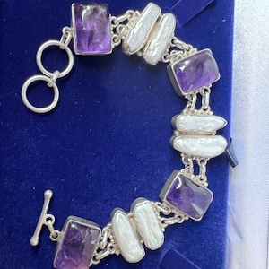 Vintage Sterling Silver, Real Biwa pearls, Amethyst gem stones panel Bracelet marked 925 Silver link Bangle toggle clasp adjustable 36.4 g