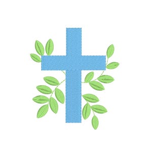May include: A blue cross with green leaves on either side. The cross is a religious symbol.
