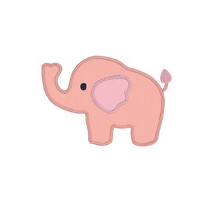 May include: A pink elephant-shaped applique with a light pink ear and a small tail. The elephant has a black eye and a darker pink outline.