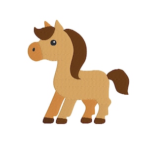 May include: A cartoon illustration of a brown horse with a brown mane and tail. The horse is standing on all four legs and has a friendly expression.