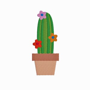 Può includere: Design di cactus ricamato in un vaso marrone. Il cactus è verde con tre fiori colorati: rosa, arancione e rosso. Il vaso è di colore marrone chiaro. Il design è su sfondo bianco.