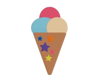 May include: A brown ice cream cone with three scoops of ice cream: pink, blue, and white. The cone is decorated with colorful stars.