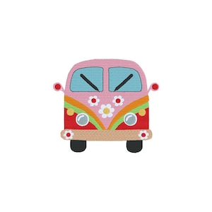 May include: A pink and red embroidered VW bus with a flower and rainbow design. The bus has black tires, blue windows, and a tan bumper. The bus is decorated with white daisy flowers and colorful stripes.