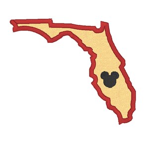 May include: Embroidered patch featuring the outline of Florida in tan with a red border. A black Mickey Mouse head is centered within the state. The patch is designed for application on clothing or accessories.