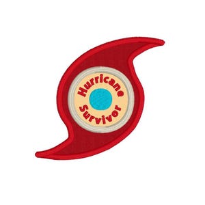 May include: Embroidered patch in the shape of a red hurricane symbol. The center features a beige circle with the words "Hurricane Survivor" in a circular pattern. A blue circle is in the center of the beige circle.