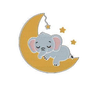 Baby Elephant Sleeping on Moon Machine Embroidery Design (Instant Download)