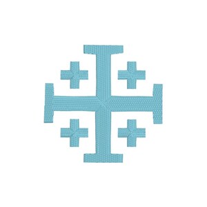 May include: A light blue Jerusalem cross emblem, a symbol of Christianity, embroidered on a white background. The cross features a large central cross with four smaller crosses in each quadrant.