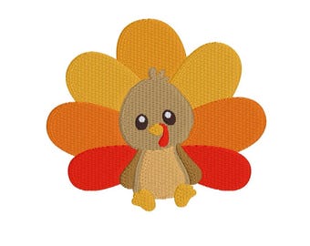 Puede incluir: Un lindo pavo de dibujos animados con un cuerpo marrón, patas amarillas y una carúncula roja. El pavo tiene un abanico de plumas naranjas, amarillas y rojas. El pavo está sentado y tiene ojos grandes y redondos.
