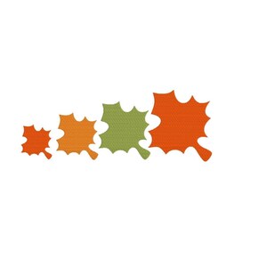 Könnte beinhalten: Vier stilisierte Blattformen in verschiedenen Größen und Farben sind diagonal angeordnet. Die Blätter gehen von klein nach groß, mit Farben von Orange bis Grün. Der Hintergrund ist schlicht weiß.