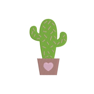 May include: An embroidered cactus design in shades of green and brown. The cactus has a textured appearance with light brown accents and is potted in a brown pot with a pink heart. The design is on a white background.